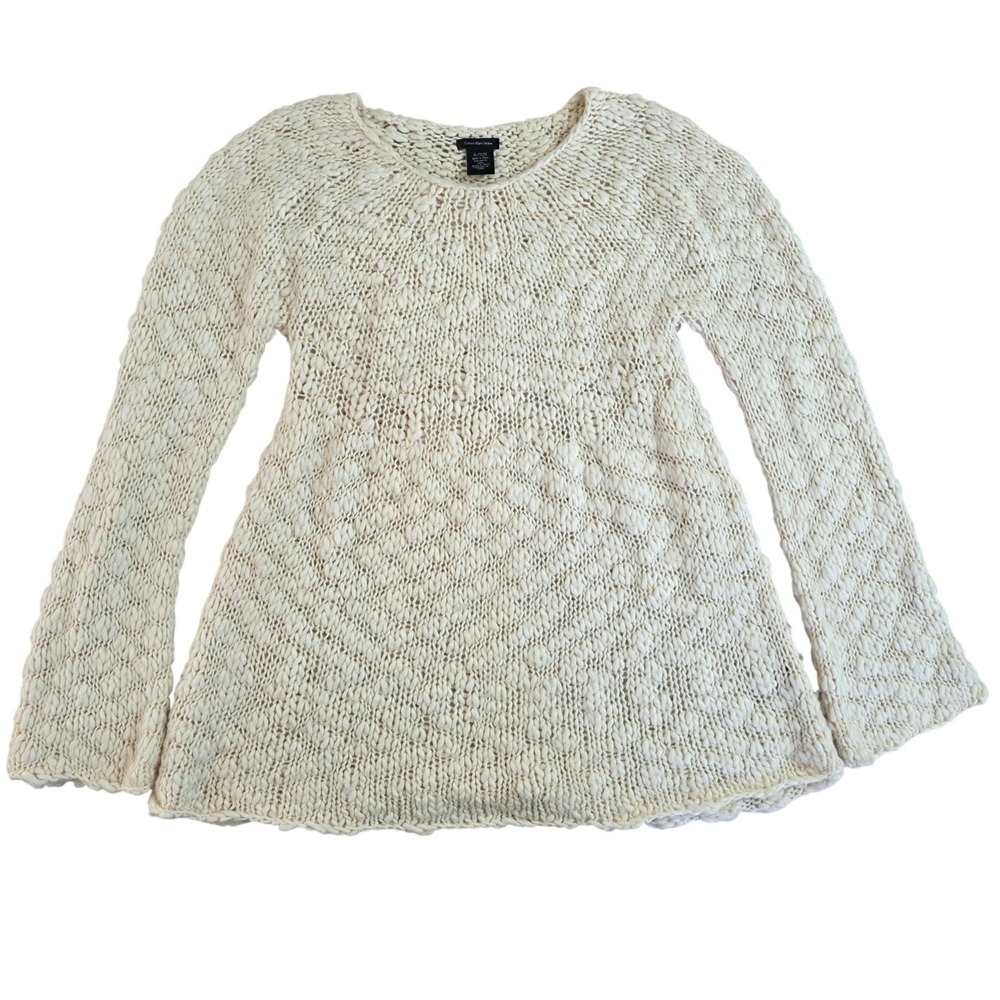 Calvin Klein Jeans‎ Chunky Wool Blend Sweater Tunic Sz XL Boho Flare Sleeve Open